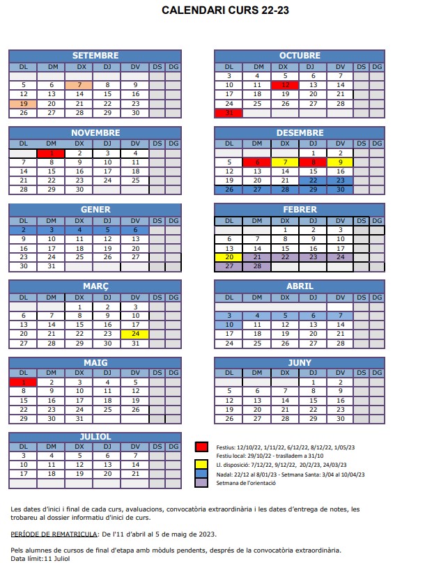 Calendari escolar ETG curs 2022-2023